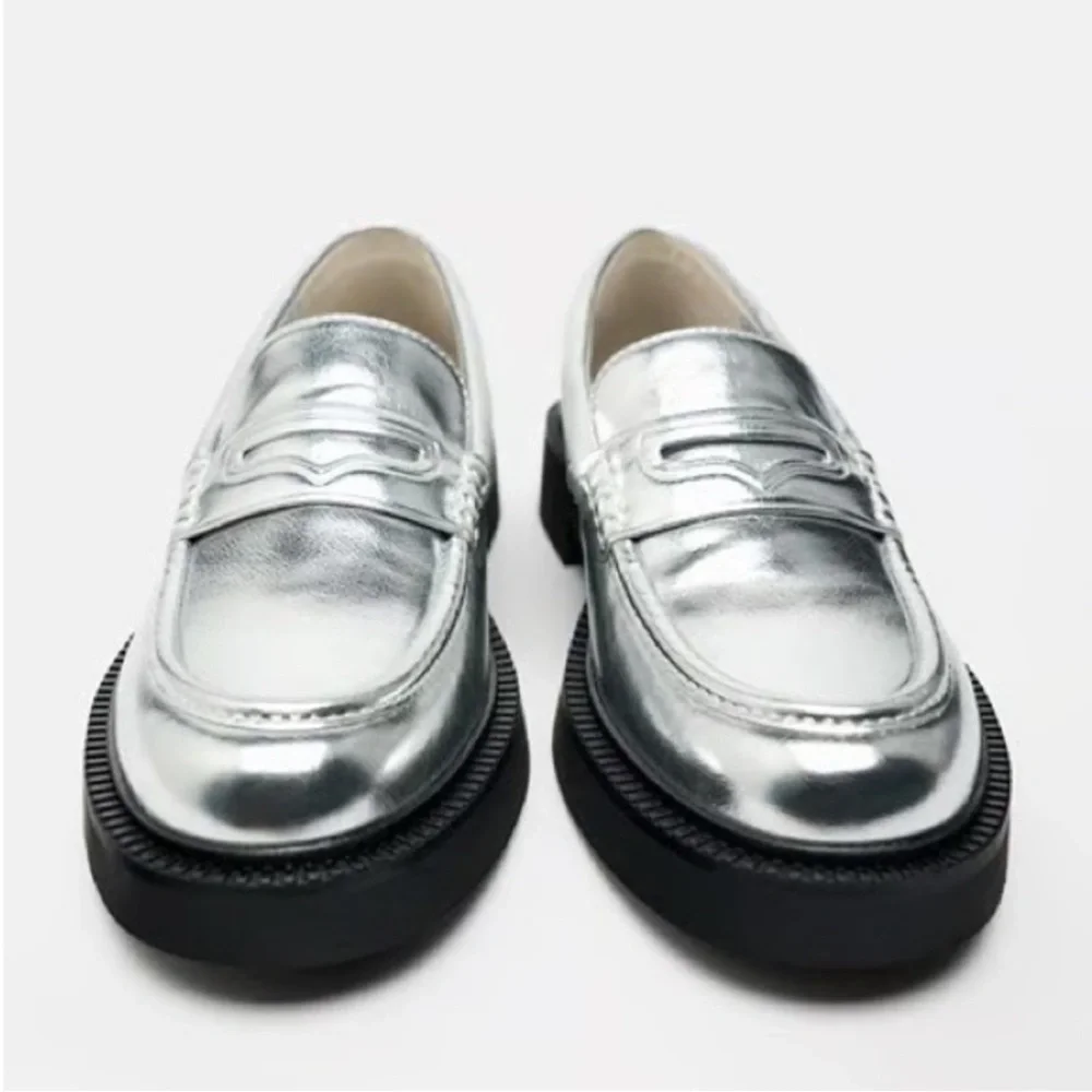 NEW Zara Metallic Silver Loafers Size 39